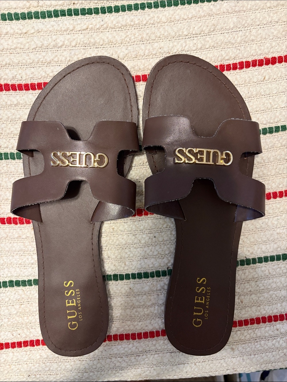 GUESS Brown Slide Sandals with Gold Logo